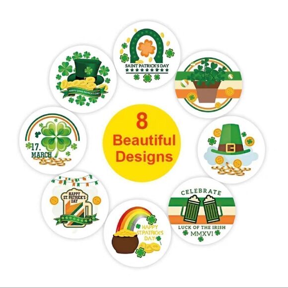 500 St. Patrick's Day Sticker Roll, 1 Inch 8 Styles Irish Green Shamrock - Picture 3 of 3